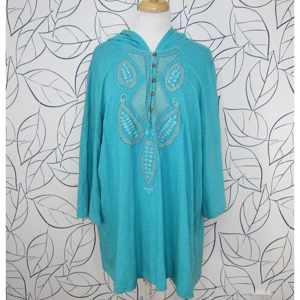 Soft Surroundings Hooded Beaded & Embroidered 3/4 Sleeve Tunic Top Size 2X Teal